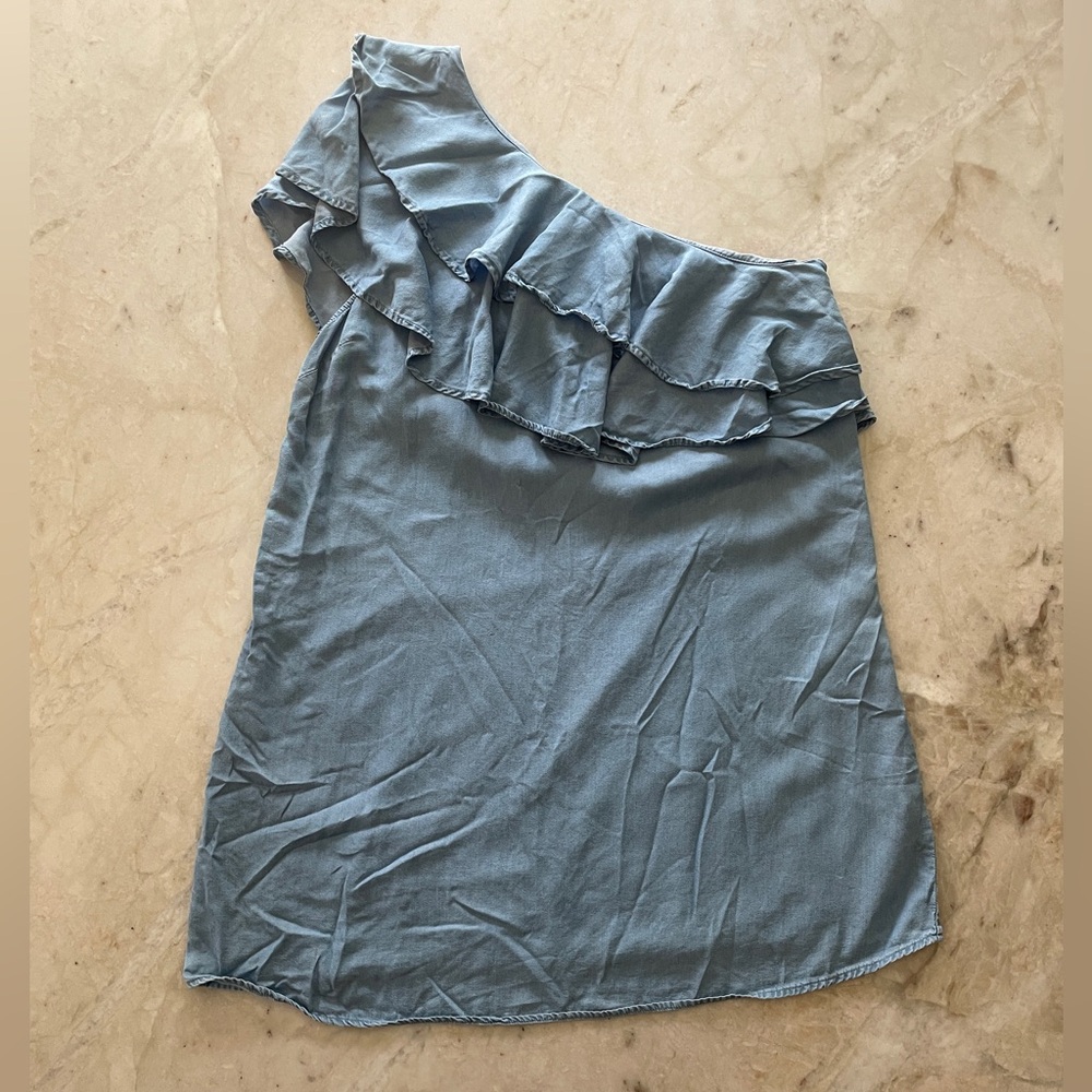 Blue one shoulder long ruffle top